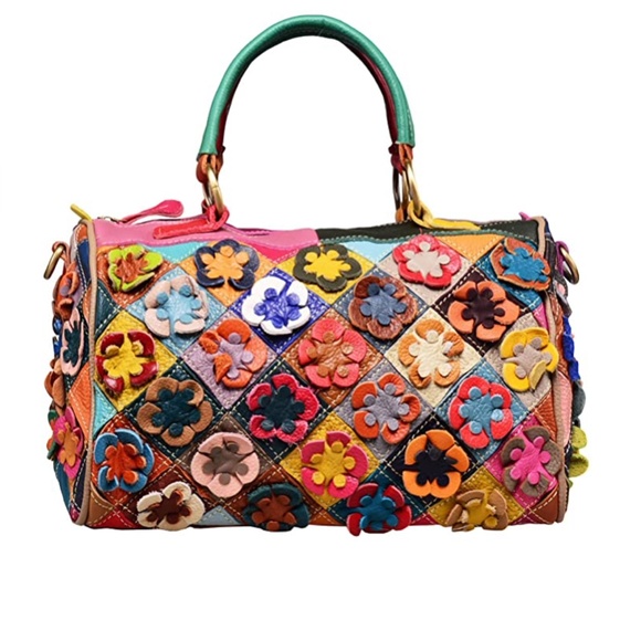 HESHE Handbags - HESHE leather boho floral patch work shoulder bag